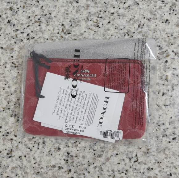 Coach Corner Zip Wristlet In Signature Denim (red) - Picture 3 of 6